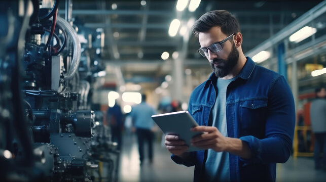 Modern Engineer is checking machine use tablets in the factory for routine maintenance