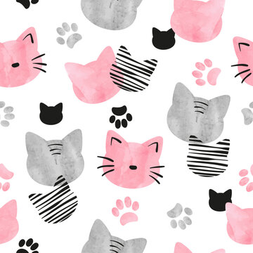 Cute cat faces pattern. Seamless watercolor vector illustration. Baby print