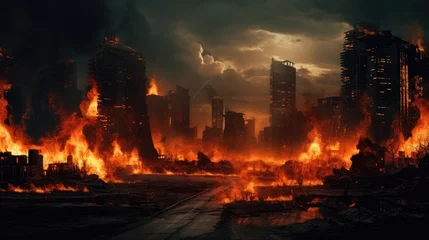 Foto op Plexiglas Vuur Empty street of burnt up city. Apocalyptic view of city downtown as disaster film poster concept. City destroyed by war