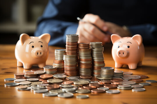 kleines rosa Sparschwein mit gesammelten angesparten Geldm&uuml;nzen. Sparplan. Generative Ai