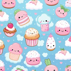 Seamless pattern with cute cupcakes, ice cream and hearts.Generative AI