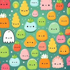 Cute kawaii seamless pattern with colorful cartoon fruits and vegetables.Generative AI