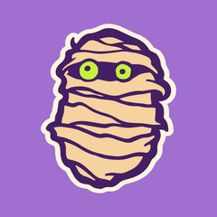 Mummy head in cartoon style on purple background for print and design. Vector illustration.