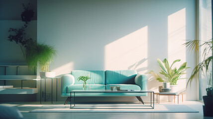 interior background comfortable design green sofa brick contemporary three-dimensional lounge apartment stylish floor. Generative AI.
