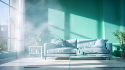 interior background comfortable design green sofa brick contemporary three-dimensional lounge apartment stylish floor. Generative AI.