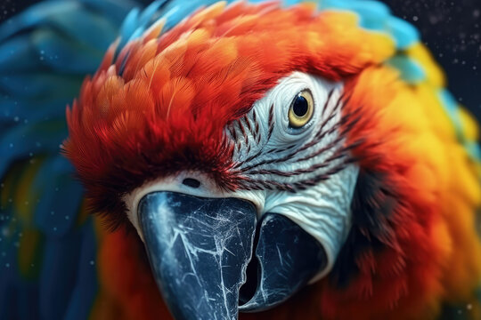 Portrait of a beautiful Scarlet Macaw in close-up Macro photography on dark background. 