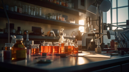 Microscope and Lab glassware in medical lab