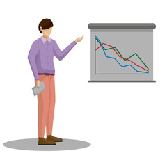 Businessman showing an upward chart. Young man at the presentation. Vector flat illustration, isolated on white background.
