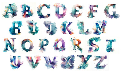 Rainbow colored colorful watercolor alphabet on isolated white background. - obrazy, fototapety, plakaty