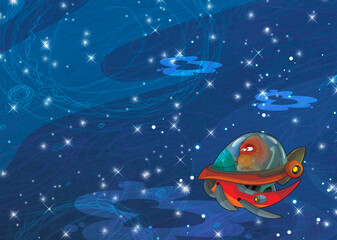 Cartoon funny colorful scene of cosmos galactic alien ufo space craft ship illustration for kids