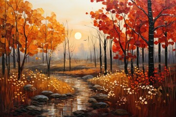 A painting of a river running through a forest. Digital image. Hello Autumn card design.