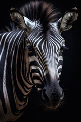 Fototapeta na wymiar Portrait of a beautiful African Zebra in close-up Macro photography on dark background. 