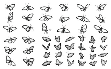 Hand-drawn butterfly illustrations isolated on transparent background, line art style