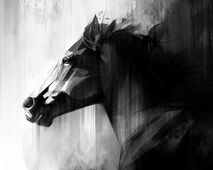 graphic drawing of a horse face on an abstract background - 627880957