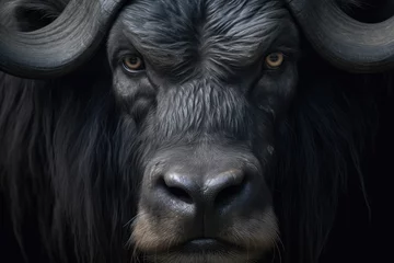 Foto op Plexiglas Portrait of a beautiful African Buffalo in close-up Macro photography on dark background.  © Bnetto
