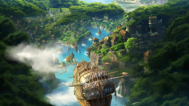 A Flying fantasy airship port on an ancient technology island