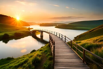 Sunrise with a beautiful morning over the lake surrounded with the green field and a bridge