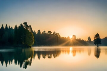 Sunrise with a beautiful moring over the lake surrounded with the mountains 