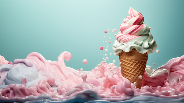 Rainbow Hombre Soft Serve Ice Cream with Waffle Cone - Pastel Color Tone - Generative AI