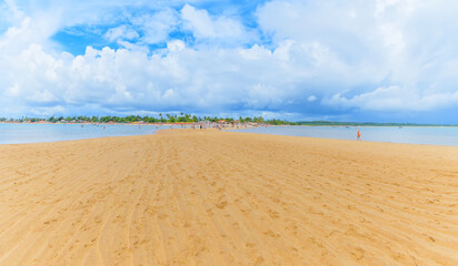 Fototapeta na wymiar View of the sand path of Coroa Vermelha beach, tourist destination of Bahia state at Santa Cruz Cabralia city. 
