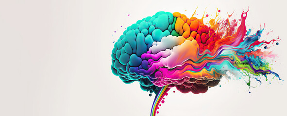 Rainbow human brain explosion, cognitive overload, creative inspiration, mental health, psychology and neurology concept, Generative AI