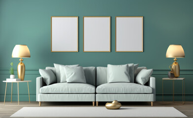 A living room with a couch and a lamp. Digital image. Painting mockup.