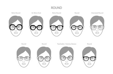 Set of Round frame glasses on women face character fashion accessory illustration. Sunglass front view silhouette style, flat rim spectacles eyeglasses with lens sketch style outline isolated on white