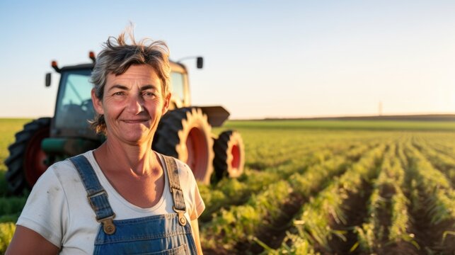 A woman standing in a field with a tractor behind her. Digital image. Portrait of a european farmer.