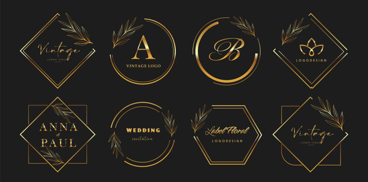 Set of logo emblems with floral elements. Golden Badges for brand label. Wedding gold invitation card frames. Vector illustration ESP10