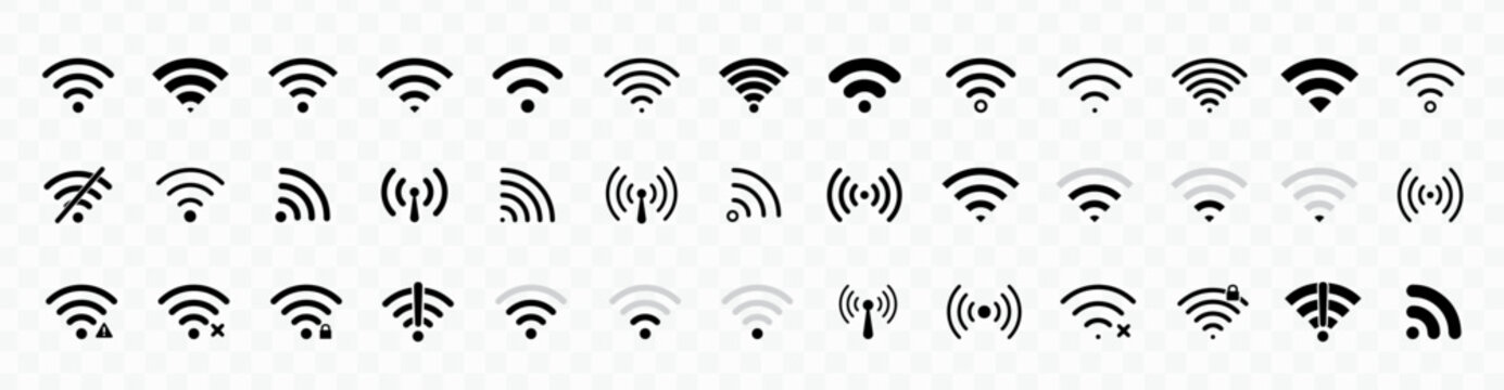 WiFi icon set. Wireless Internet symbol. Different black wifi icons. Collection of free internet zone sign. Connect of network. Hotspot icon. Vector illustration