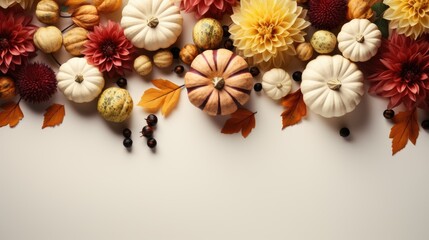 Fototapeta na wymiar A white table topped with lots of different types of pumpkins. Autumn, Thanksgiving decor.