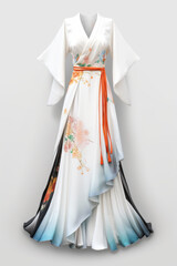 A white and orange dress on a mannequin. Digital image.