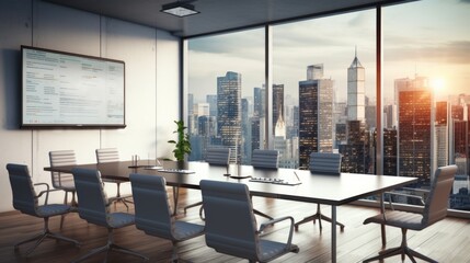 A conference room with a view of a city. Digital image.