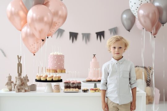 A little boy standing in front of a table filled with cupcakes. Birthday room decor.