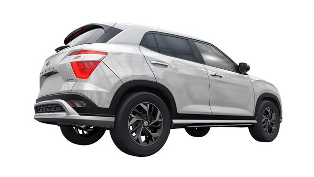 UK, London. July 1, 2023. Hyundai Creta 2022. White compact-size SUV for family and work on a white background. 3d illustration.