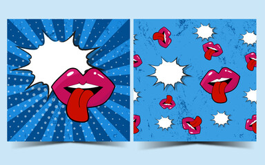 Front and back pop art design template with red lips and speech bobble, seamless pop pattern in vector