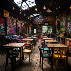 Naklejka na ściany i meble photo of a funky cafe with graffiti walls 