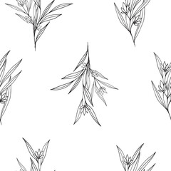 vector seamless pattern with Leaves and flowers. Black ink drawn leaves, twigs and small flowers. Black branch modern ornament, texture with foliage. Abstract plant motif.