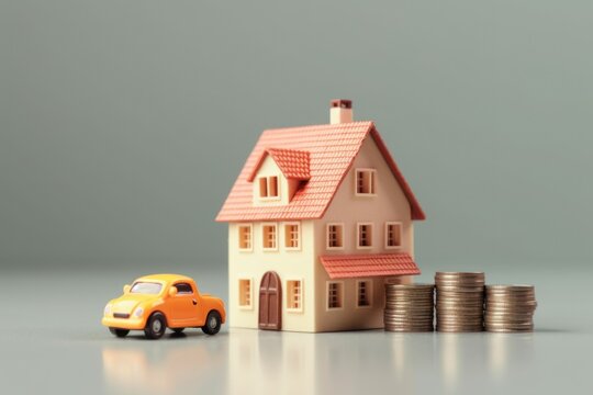 A toy house and car next to a stack of coins. Digital image. Loan or morgage concept image.