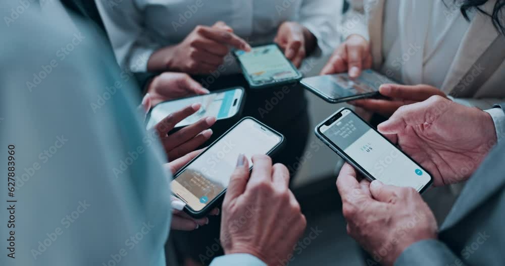 Poster phone, hands and business people with online search and professional networking. office, social medi