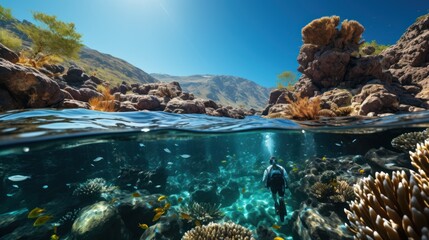 Love and Wonder: Happy Couple's Adventurous Snorkeling in a Coral Reef Haven, generative ai
