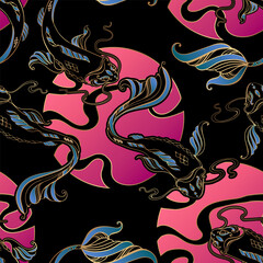 Koi carps, clouds and sun - seamless background. Asian spiritual symbols. Goldfish rises in upwards. Japanese, Korean, Thai and Chinese aesthetics. Style of Southeast asia. Fabric printing.