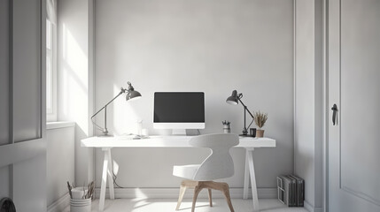 Coastal minimal style white home office setup workspace, Scandi interior design, AI generated
