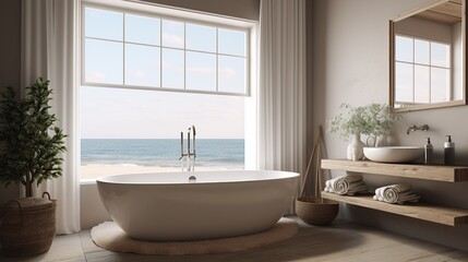 Fototapeta na wymiar Coastal modern style bathroom with ocean view, Scandi interior design, AI generated