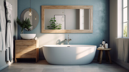 Fototapeta na wymiar Coastal modern style blue bathroom with houseplant, Scandi interior design, AI generated