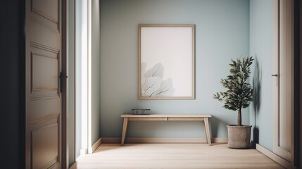 Coastal style modern entrance hall with wooden bench, Scandi interior design, AI generated
