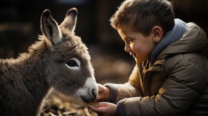 Kids and Their Furry Friend: Heartwarming Donkey Interaction on the Farm, generative ai