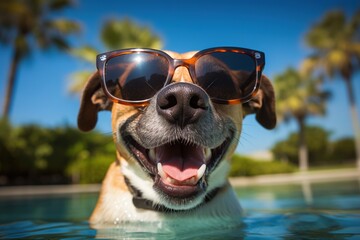 Happy dog in a swimming pool having a fun summer vacation. Positive summer vibes. Generative AI