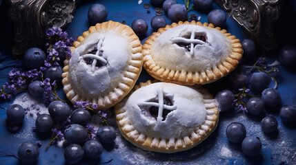 Blueberry Hand Pies on Beautiful Blue Backgrounds with Fresh Fruit - Closeup with Studio Lighting Effect - Generative AI