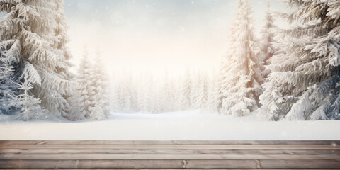 Winter forest with snow covered trees and wooden floor 